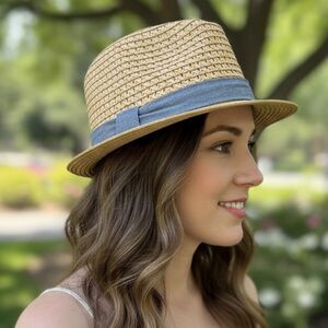 Fedora Hat with Open Weave & Denim Bow Sash in Tan One Size